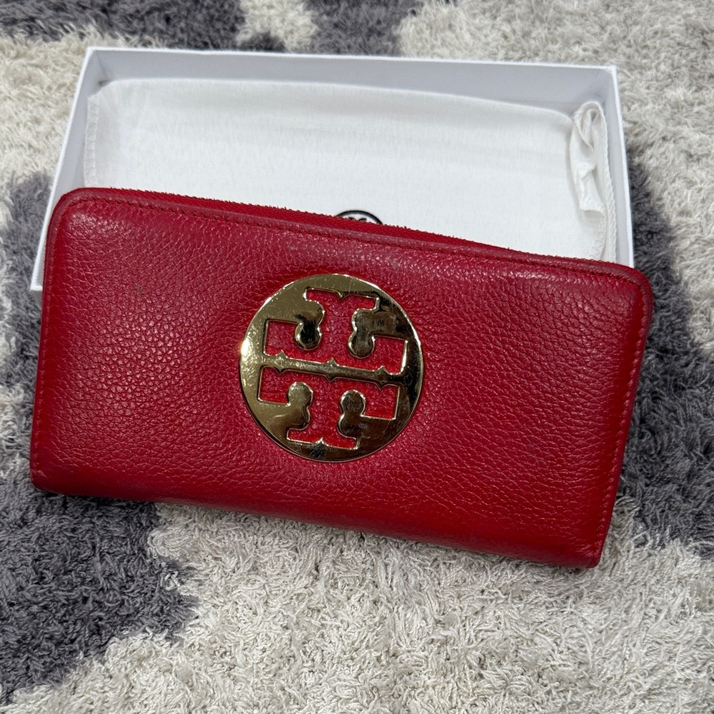 Tory Burch Red Wallet with Gold Logo